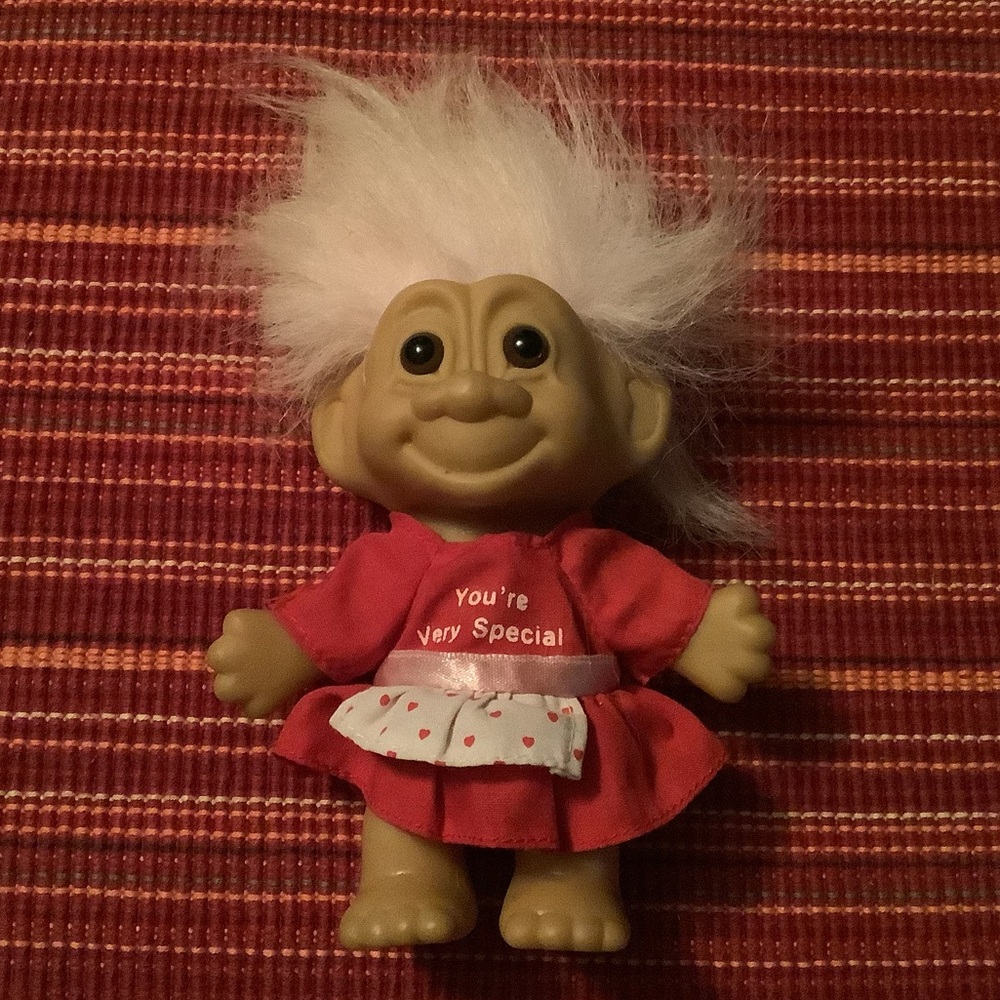Vintage 90’s Russ Vallentines Troll Doll with Red Dress and White Hair